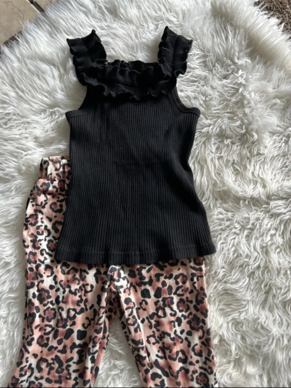 SHEIN Black Ruffle Tank with Pink Leopard Bell-Bottom Set